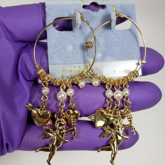 Women's Polished Gold tone Beaded Hoop Design Drop Earrings - Dangling Charms #3 - Picture 4 of 6